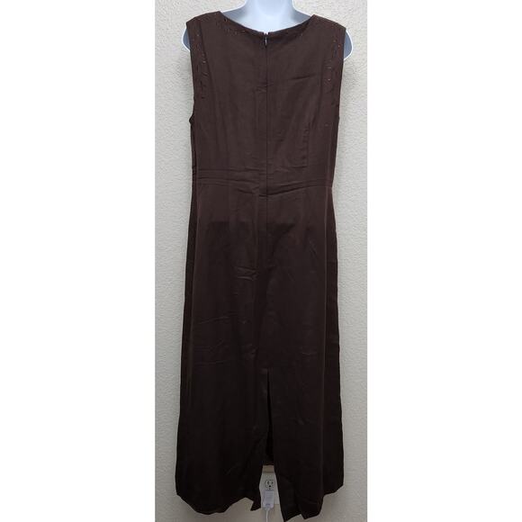 Papell Boutique Brown Sleeveless Embroidered V Neck Maxi Dress 10 Lightweight - Picture 3 of 5